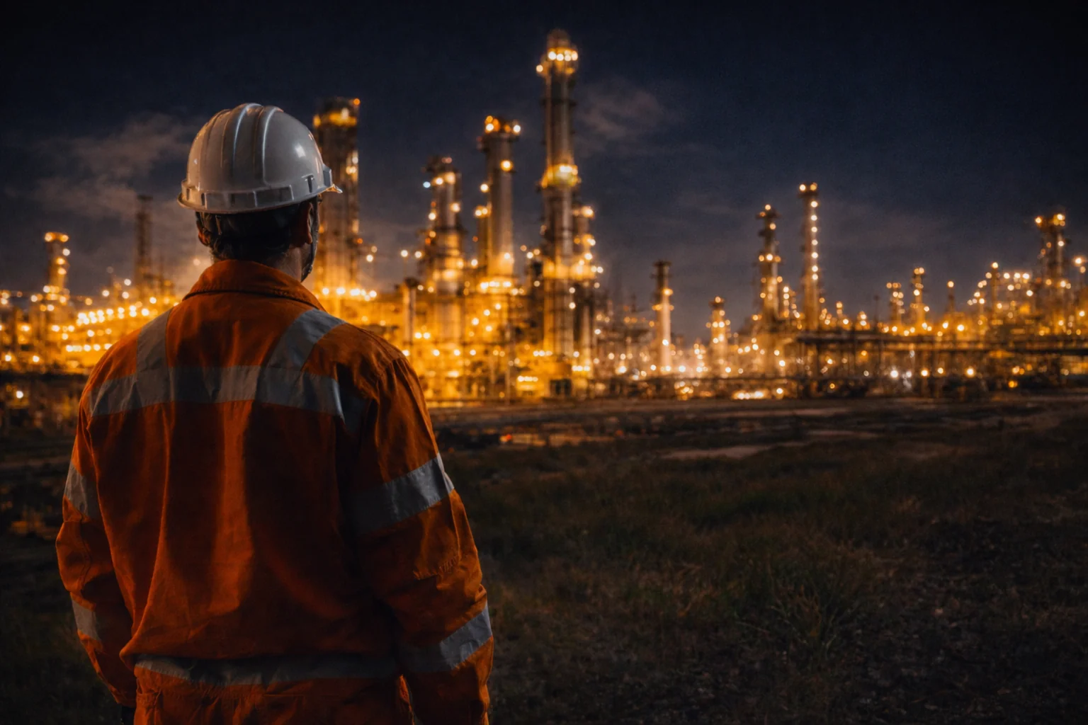 Operador industrial frente a una planta de proceso iluminada de noche